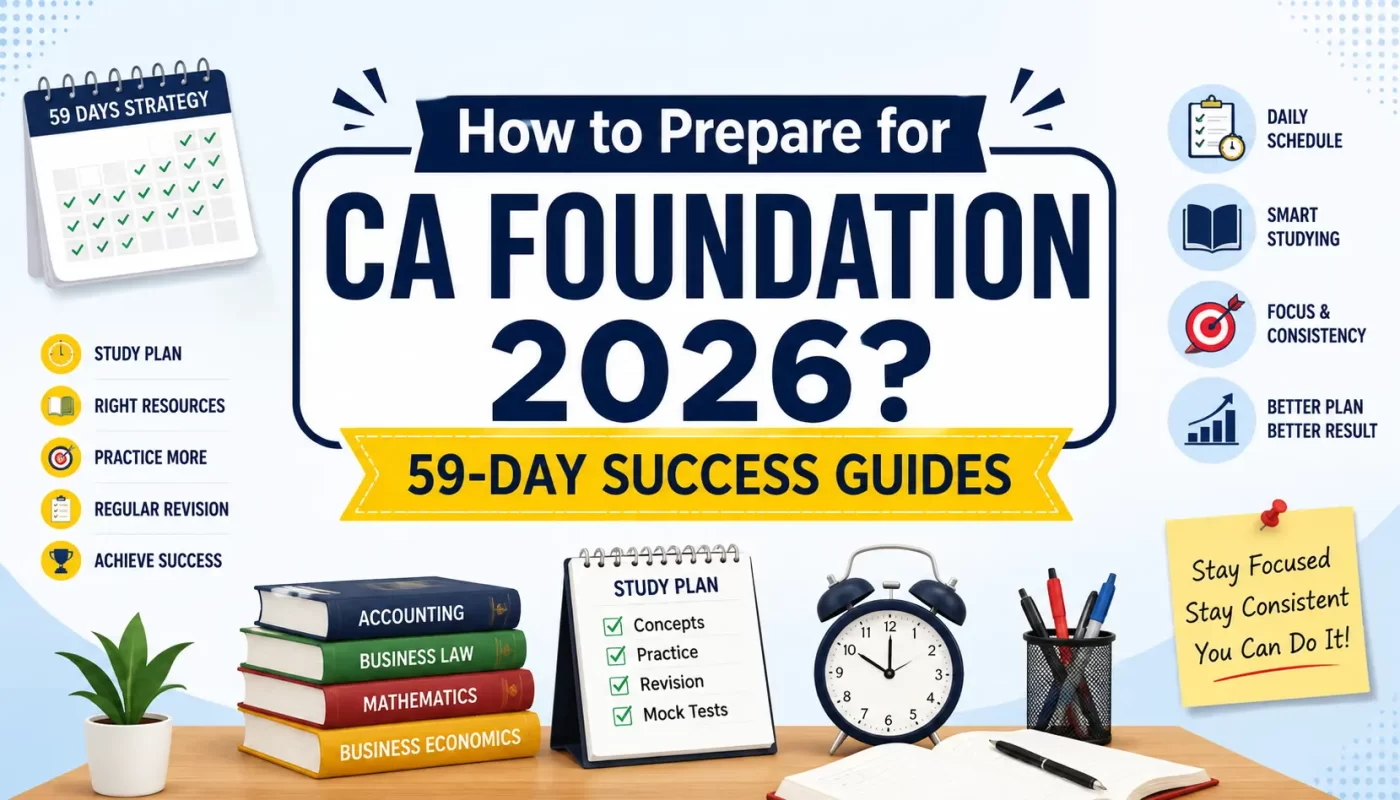 How to Prepare for CA Foundation 2026? 59-Day Success Guides infographic showing a practical study plan, subject-wise preparation strategy, revision schedule, mock test practice, and daily timetable for CA Foundation students.