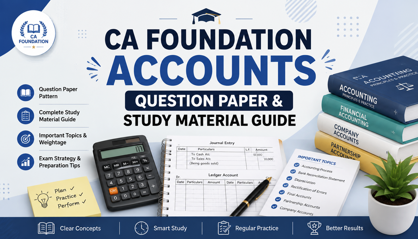 CA Foundation Accounts Question Paper & Study Material Guide showing a student studying accounting concepts, solving journal entries, ledger accounts, and practicing with study material for CA Foundation exam preparation.