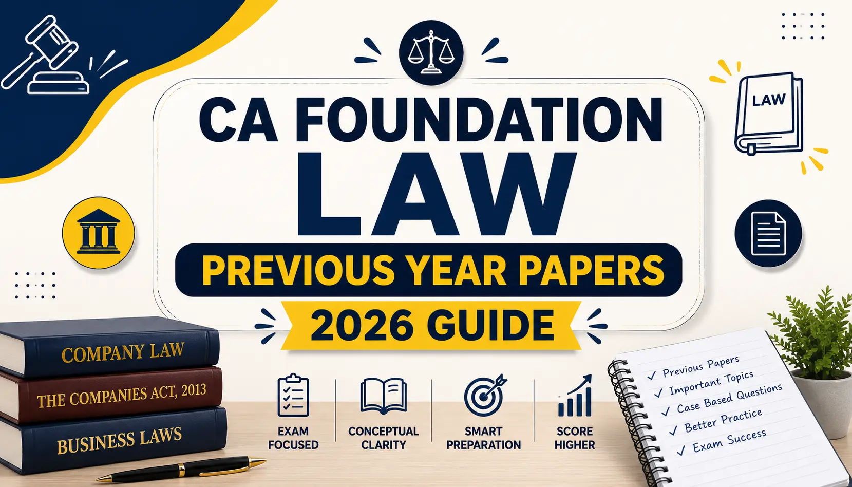 CA Foundation Business Law Book PDF Guide: Tips for 2026 – Business Law study guide with law books, gavel, scales of justice, and exam preparation resources for CA Foundation students.