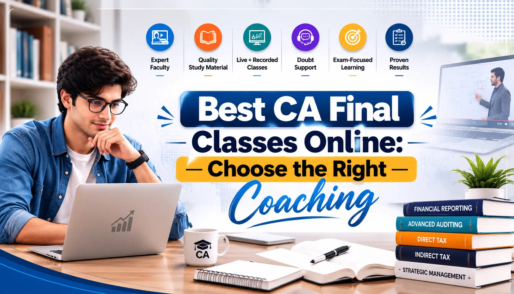 Best CA Final Classes Online: Choose the Right Coaching – Student comparing online CA Final coaching based on faculty, study material, teaching methodology, student support, and learning flexibility.