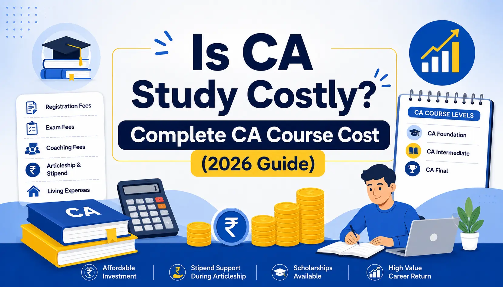 Is CA Study Costly? Complete CA Course Cost (2026 Guide) featuring CA Foundation, Intermediate, Final registration fees, coaching fees, exam fees, articleship stipend, and total CA course cost breakdown.