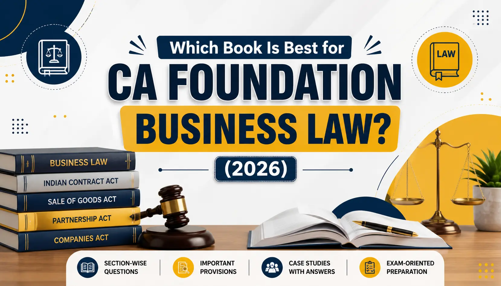 Which Book Is Best for CA Foundation Business Law? (2026) – illustrated guide showing Business Law books, legal icons, and exam preparation resources for CA Foundation students.