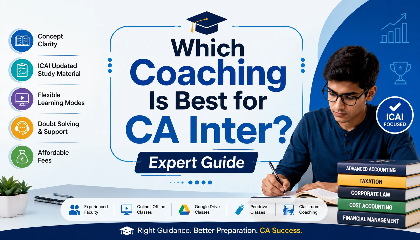 Which Coaching Is Best for CA Inter? Expert Guide showing a student studying with CA Intermediate books, highlighting concept clarity, updated ICAI-based learning, flexible coaching modes, and expert guidance for CA aspirants.