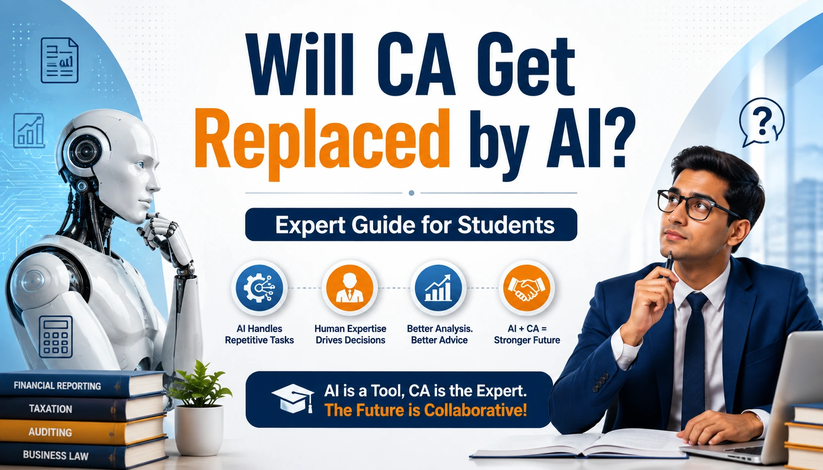 Will CA Get Replaced by AI? Expert Guide for Students – Learn why AI will not replace Chartered Accountants, how AI automates repetitive accounting tasks, and why human expertise, financial analysis, and professional judgment remain essential for CA students and professionals.